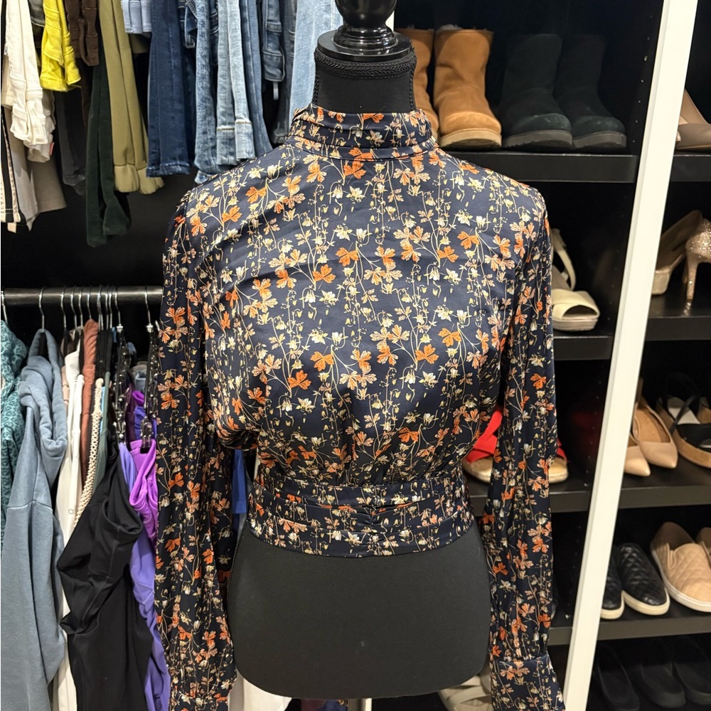 Lulu's Navy Floral High-Neck Blouse